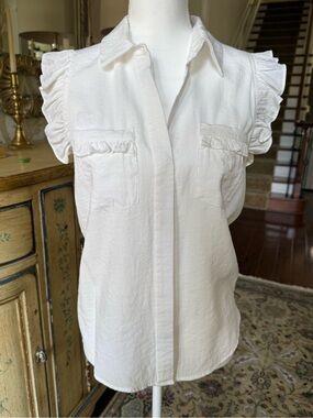 Joy Joy White Ruffle Sleeve Button-Front Blouse